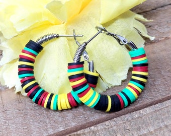 Africa Inspired Beaded Heishi Hoop Earrings, Red Black Green Yellow Small Hoops, Colorful African Hoop Earrings, Afrocentric Ethnic Hoop