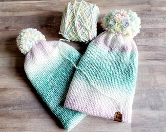 Mermaid Knit Beanie: Multicolor Yarn Pom Pom Slouchy Hat