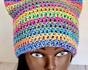 Rainbow Crochet Cat Ear Beanie: Handmade LGBTQ+ Pride Hat