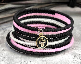 Glow in the Dark Beaded Memory Bracelet: Pink Black White 10-Layer Stacked Bangle