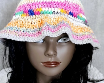 Hand Crocheted Scrap Yarn Bucket Hat: Colorful Cotton Unisex Sun Hat