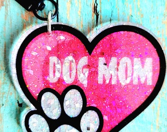 Hot Pink Dog Mom Paw Print Keychain Bag Charm, Glitter Dog Paw Print Zipper Pull, Dog Mom Gift, Dog Lover Gift, Animal Lover Bag Charm