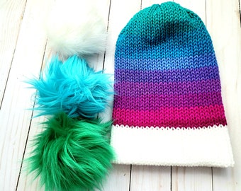 Rainbow Knit Beanie with Faux Fur Pompom