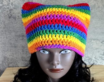 Rainbow Crochet Cat Ear Beanie: Handmade LGBTQ+ Pride Hat