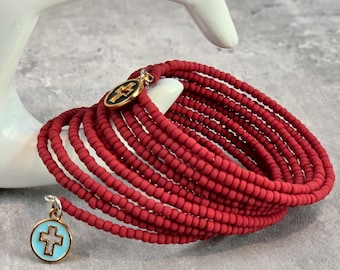 Red Matte Beaded 10-Layer Stacked Bracelet - Memory Wire Bangle