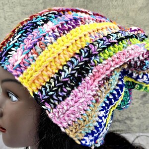 Rainbow Scrap Yarn Crochet Beanie: Colorful OOAK Distressed Hat