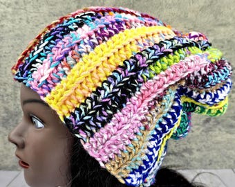 Rainbow Scrap Yarn Crochet Beanie: Colorful OOAK Distressed Hat