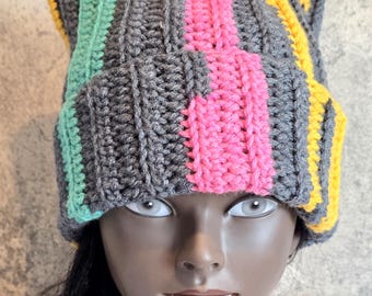 Gray Pink Teal Gold Crochet Cat Ear Beanie, Multicolor Thick Kitty Hat