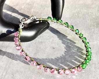 Pink & Green Beaded Memory Wire Bangle - Bohemian Czech Glass Bracelet