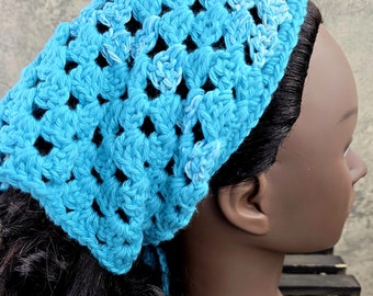 Handmade Crocheted Bandana, Bandana Triangle Head Scarf, Cottagecore Kerchief Scarf, Head Scarf with Ties, Teal Headscarf, Crochet Kerchief