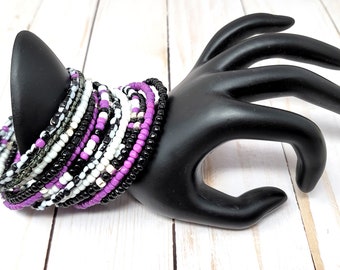Memory Wire Beaded Wrap Bracelet Set, Purple Black White Bead Bangle Bracelet Set, Africa Inspired Bracelets, Colorful Memory Wire Bracelet