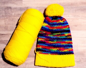 Rainbow Knit Beanie: Kids' Multicolor PomPom Slouchy Hat