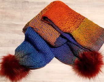 Purple Orange  Knit Lightweight Earwarmer, Dark Multicolor Scarf, Burgundy Faux Fur pompom Scarf, Women Winter Gift Set, Long Knit Scarf