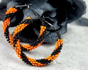 Halloween Hoops, Orange Green Black Colorful Seed Bead Hoop Earrings, Spooky Orange Black Halloween Hoop Earrings, Boho Jewelry