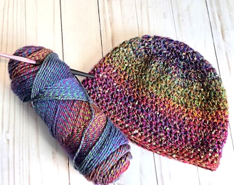 Bright Gold Sequin Rainbow Crocheted Scrap Yarn Beanie: Bold Rainbow Skull Cap