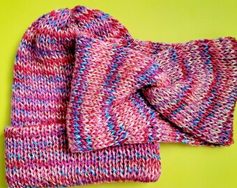 Pink Red Fruity Pebble Inspired Knitted Beanie, Pink Punch Knit Beanie Ear Warmer, Faux Fur Knit Beanie, Loc Headband, Thick Earwarmer
