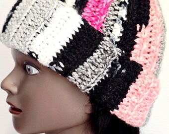 Pink Gray Scrap Yarn Crochet Beanie: Colorful OOAK Distressed Hat
