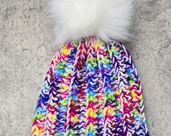 Multicolor Hand Crochet Kids Winter Hat, White Faux Fur Pompom Beanie Hat