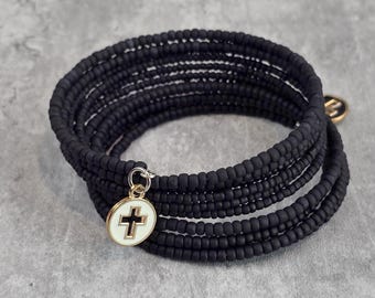 Black Matte Beaded Memory Wire Bracelet: 10-Layer Stacked Bangle