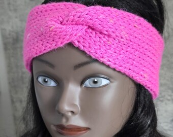 Hot Pink Tweed Confetti Knit Twist Headband, Skinny Ear Warmer
