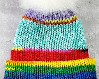 OOAK Rainbow Knit Beanie: Colorful Scrap Yarn Hat