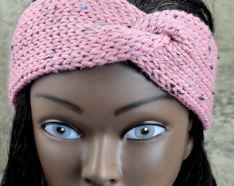 Pink Tweed Knit Twist Headband, Skinny Ear Warmer