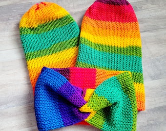Pride Knit Ear Warmer, Bright Rainbow Knit Beanie Ear Warmer, Unisex Tween Headband Beanie Set, Faux Fur Pompom Knit Beanie