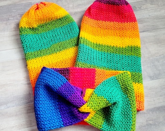 Rainbow Knit Ear Warmer: Acrylic Headband with Faux Fur Pompom