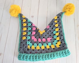 Handmade Crochet Jester Hat – Gray, Gold, and Faux Fur Pom