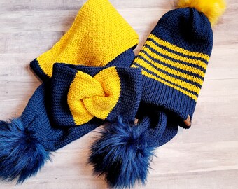 Custom Knit Earwarmer Scarf: Navy Gold Pompom Headband