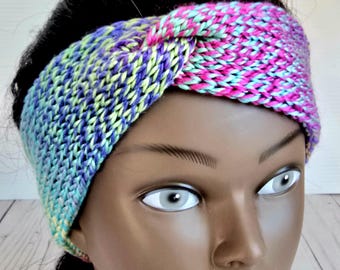 Black Confetti Tweed Knit Twist Headband, Skinny Ear Warmer
