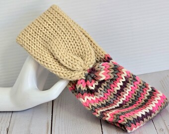 Pink Gray Beige Knit Twist Headband: Double Layer Ear Warmer Headband