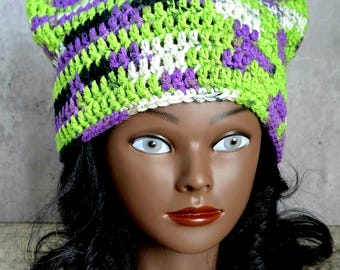 Crochet Cat Ear Beanie: Witchy Purple Green Halloween Hat