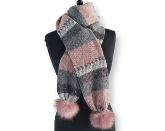 Knit Headband Scarf Set: Pink Gray White Acrylic, Faux Fur Pompom