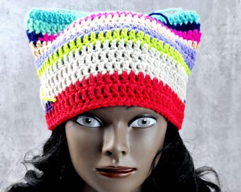 Hand Crocheted Cat Ear Beanie: Rainbow Scrap Yarn Hat