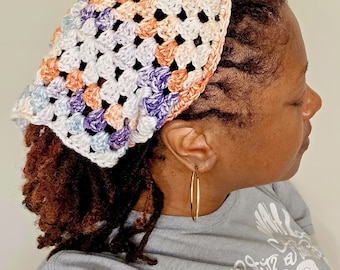 Handmade Crocheted Bandana, Head Scarf with Ties, Cream Purple Bandana Triangle Head Scarf, Crochet Kerchief, CottageCore kerchief gift