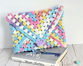 Pink Blue Yellow  Spring Crochet Book Sleeve: Pastel Granny Square Cover with Heart Closure