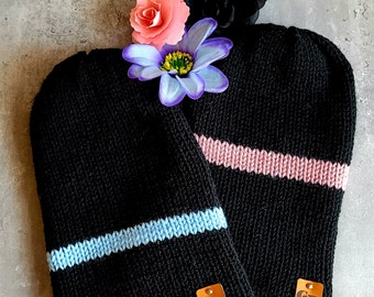 Classic Knit Beanie, Black Striped Kids Beanie, Unisex His Her Knitted Beanie, Pink Blue Black Double Knit Beanie, Kids Winter Hats