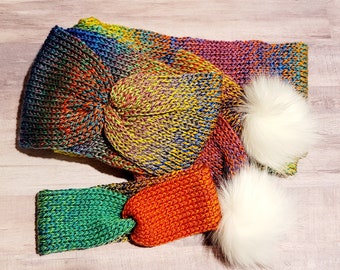 Rainbow Knit Headband Scarf Set: Lightweight Acrylic Earwarmer with Pompoms