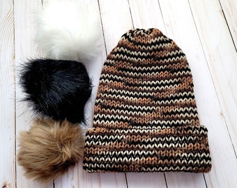 Brown Camo Knit Unisex Beanie,  Unisex Knitted Hunters Hat, Unisex Camoflage Knit Beanie,  Faux Fur Knitted Beanie, Black Brown Knit Hat