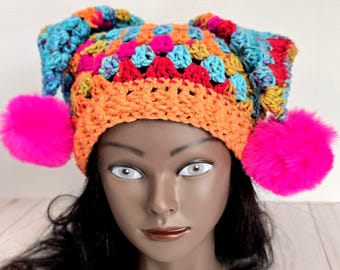 Crochet Jester Hat with Hot Pink Faux Fur Pom Pom – Handmade Winter Festival Hat – Hot Pink Orange Renaissance Fair Costume Beanie Cap, RTS