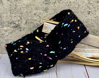 Black Confetti Tweed Knit Twist Headband, Skinny Ear Warmer