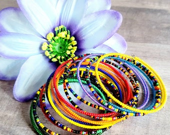 Rainbow Bead Wrap Bracelet, Seed Bead Stackable Bracelets, Africa Inspired Bead Bracelet Set, Red Black Green Yellow Bracelets