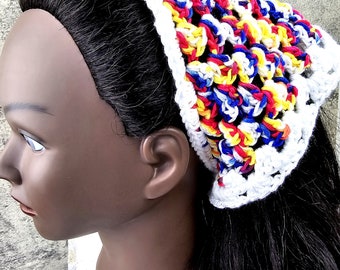 Red Yellow Blue Crochet Kerchief Bandana, Cottage core  Kerchief , Multicolor Head Scarf, Boho Style Headscarf