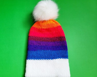 Rainbow Knit Earwarmer, Messy Bun EarWarmer, LGBT Pride Beanie Set, Bright Color Ear Warmer, Faux Fur Beanie, Braid Loc Knit Turban Headband