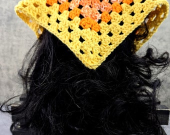 CottageCore Handmade Crocheted Bandana, Bandana Triangle Head Scarf, Yellow Orange Spring Head Scarf, Boho Style Headscarf, Crochet Kerchief