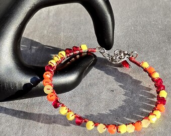 Red & Yellow Beaded Memory Wire Bangle Bracelet: Boho Heart Clasp
