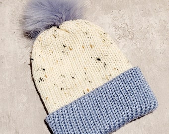 Handknit Baby Blue Tweed Beanie: Removable Faux Fur Pom