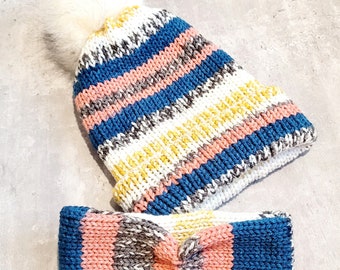 Knit Headband Beanie, Chunky Knit Beanie, Teal Pink Gold Faux Fur Beanie, Thick Winter Pompom Beanie, Winter Yoga Jogger Headwear