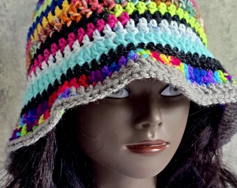 Multi Color Hand Crocheted Scrap Yarn Bucket Hat: Colorful OOAK Summer Hat (LG/XL)